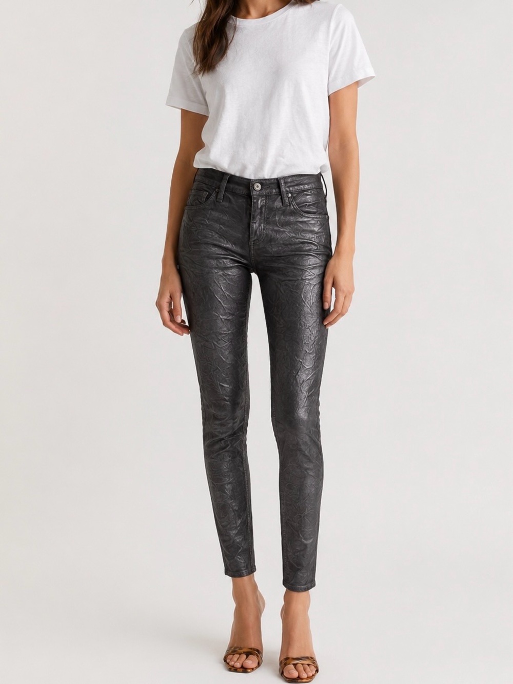 AG Adriano Goldschmied The Legging Ankle Crinkle Coated Leatherette Jeans 24 NWT